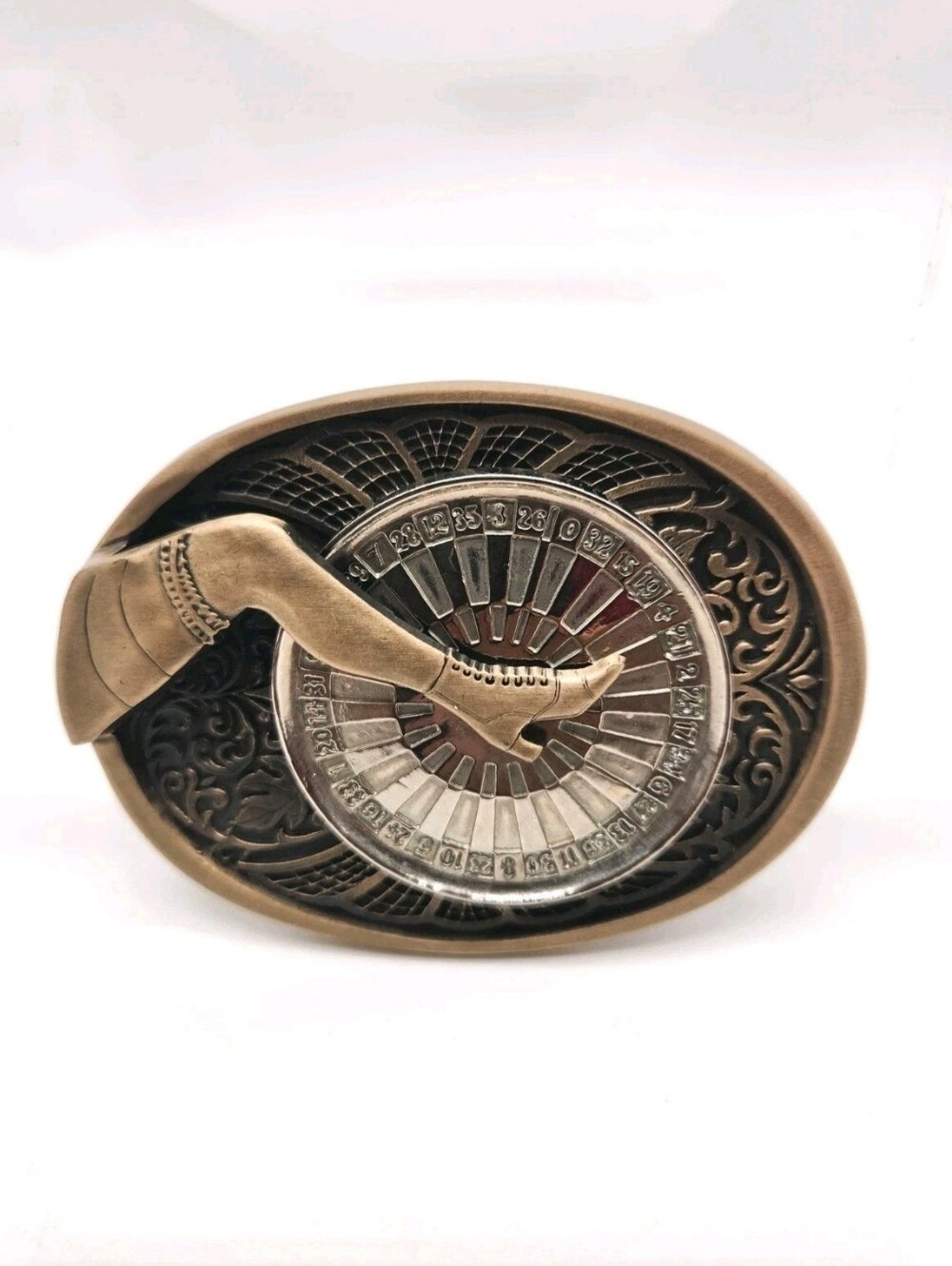 Award Design Medals Vintage Gal Leg Belt Buckle Roulette Spinning Wheel Brass